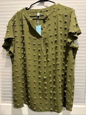 Textured Olive Flutter-Sleeve Tunic Top